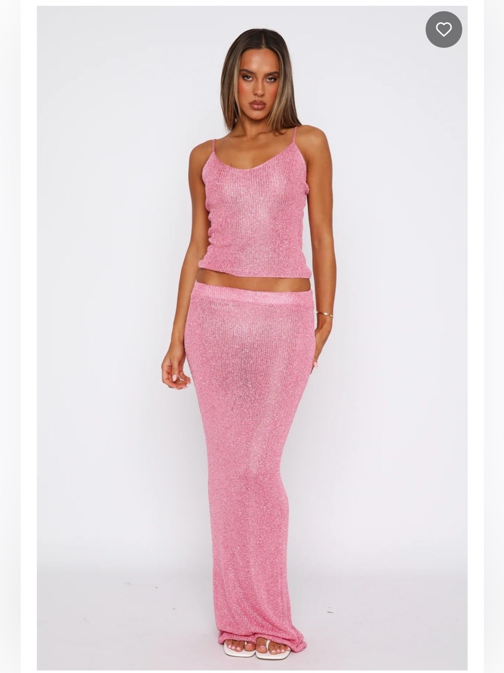 White Fox Boutique Pink Metallic Knit Cami & Maxi Skirt Set